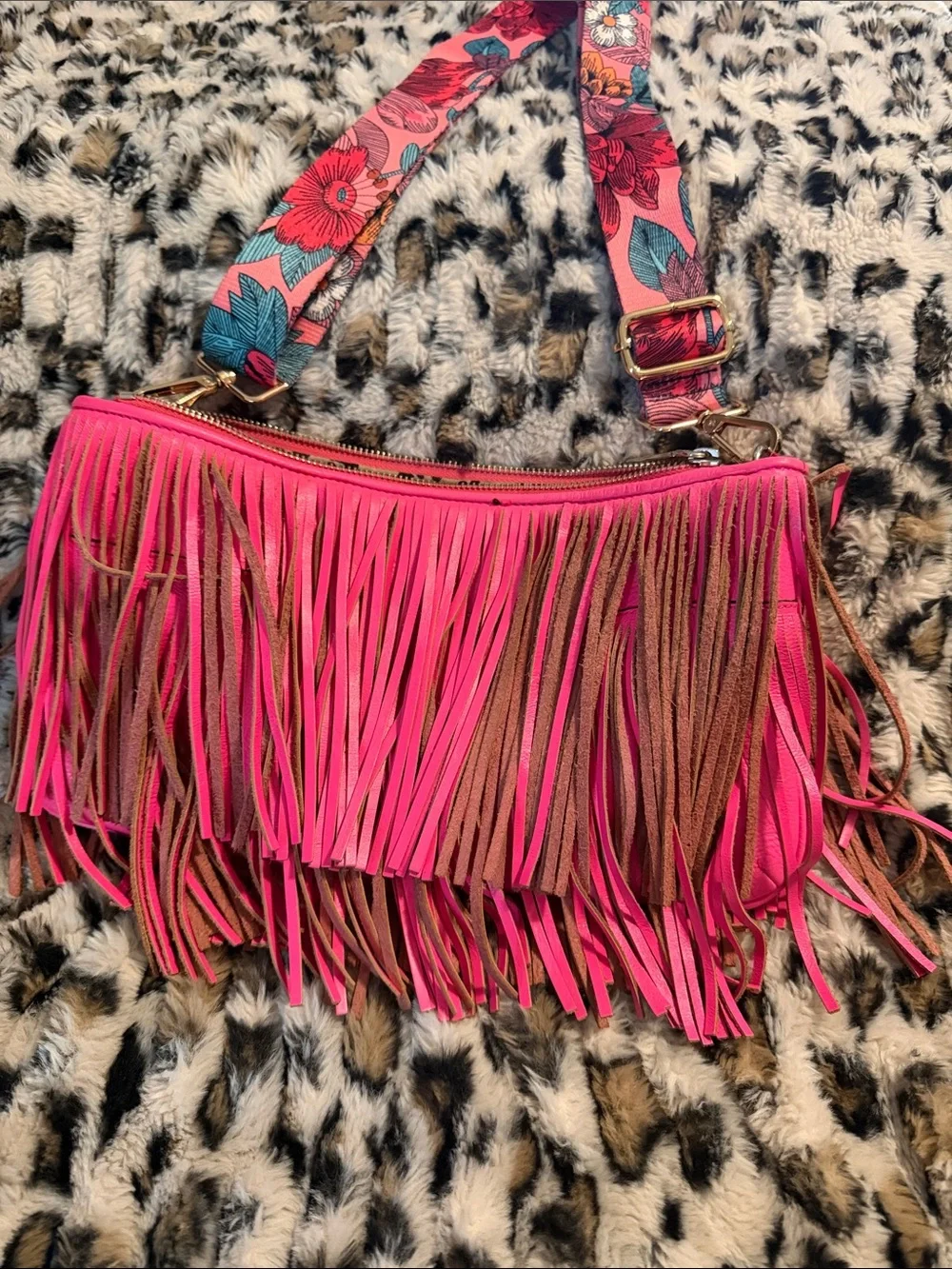 Rebecca Minkoff Hot Pink and Brown Fringe Crossbody with Printed Strap